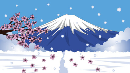 Mount Fuji with cherry blossoms in winter snow, Japan landmark, vector.