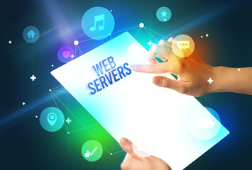 Holding futuristic tablet, new media concept