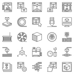 3D Printing concept outline icons set - vector Printer linear symbols