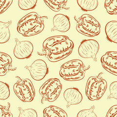 Bell peppers and onions will saturate the dish with taste and vitamins, vector illustration, pattern, food, vegetables, contour, doodle, green