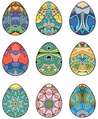 Set of multicolor Easter eggs with different texture on a white background.