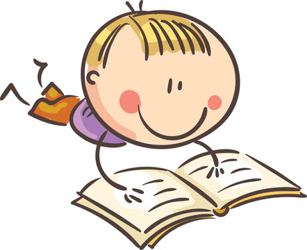 Child with book, little boy reading a book lying down, cartoon illustration, isolated on white