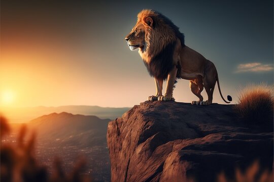  a lion standing on top of a rock in the sunset with a mountain in the background and a sky background with clouds and sun beams above it, with a silhouetted by a person. generative ai