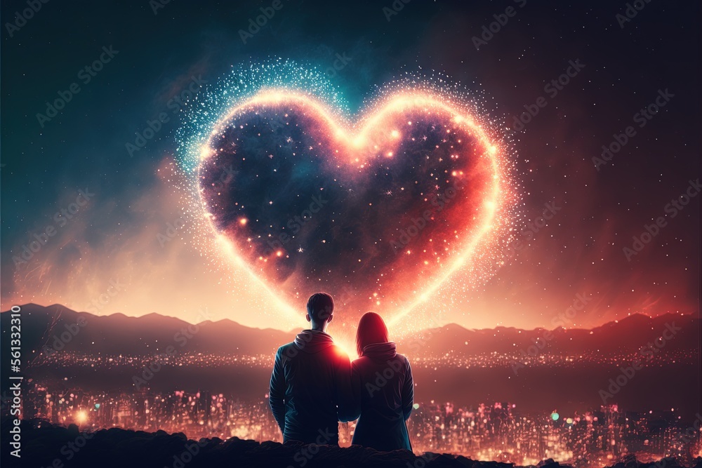 Canvas Prints  two people looking at a heart shaped fireworks in the sky with a city in the background and a star filled sky in the shape of a heart above them, with stars and a city. generative ai