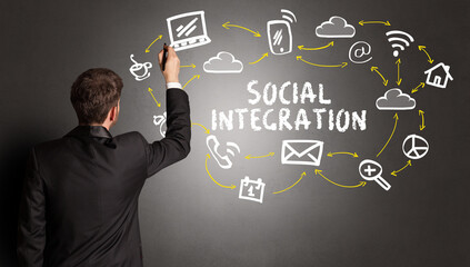 businessman drawing social media icons