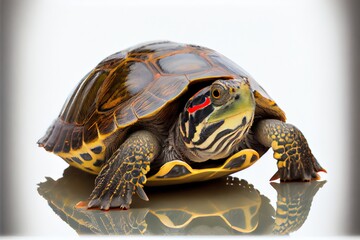 Close up of a Red Eared Slider Turtle isolated on a white background