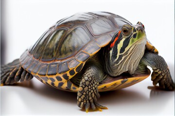 Obraz premium Close up of a Red Eared Slider Turtle isolated on a white background