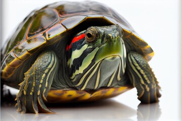 Obraz premium Close up of a Red Eared Slider Turtle isolated on a white background