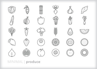 Set of produce line icons of fruits and vegetables for ingredients in cooking or purchasing as groceries from a market, farm or grocery store