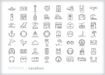 Fototapeta premium Set of vacation line icons of items and themes for a relaxing family or solo trip traveling away from home