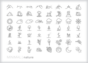 Set of nature line icons of landscapes, plants, weather, and outdoor themes 