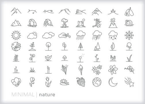 Set of nature line icons of landscapes, plants, weather, and outdoor themes 