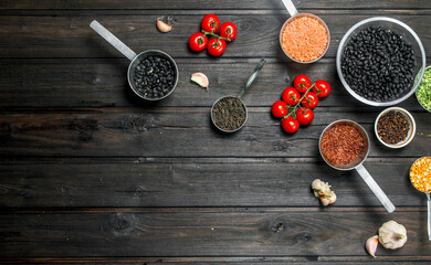 Organic food. Ripe healthy vegetables with legumes.
