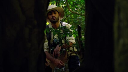 field ecologist is looking into a hollow tree to survey and collect data for further research in the lab, conservation concept, green, environment.
