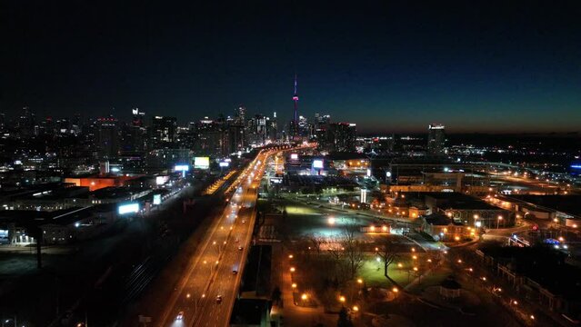 Aerial cinematic exhibition center downtown Toronto sunrise 1