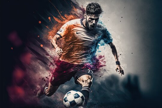 Soccer players in action, dynamic image with grunge, splash look, Generative Ai, Not a real person