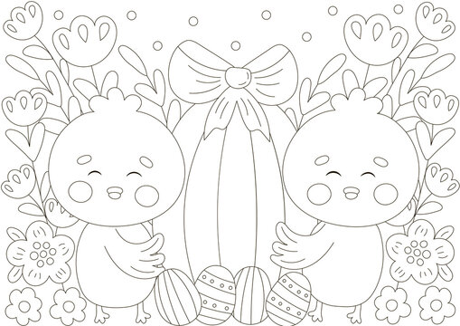 Cute coloring page for easter holidays with chick characters holding egg with flowers in scandinavian style