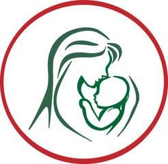 A green linear image of a mother and child in a red circular frame  without background