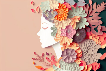 Female profile silhouette with flowers and plants. AI generated image.