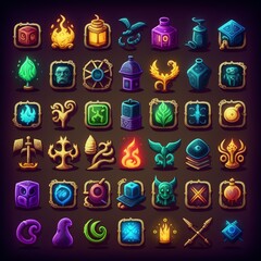 illustration of a collection of colorful user interface assets for mobile apps or video games, including humorous animals, elements, magic, weapons, and buttons - obrazy, fototapety, plakaty