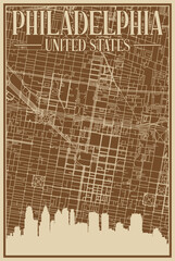 Brown hand-drawn framed poster of the downtown PHILADELPHIA, UNITED STATES OF AMERICA with highlighted vintage city skyline and lettering
