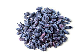 Honeyberry (Lonicera caerulea). Heap of honeysuckle sweet berry (honeysuckle berries) on a white background
