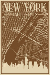 Brown hand-drawn framed poster of the downtown NEW YORK, UNITED STATES OF AMERICA with highlighted vintage city skyline and lettering