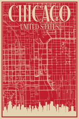 Red hand-drawn framed poster of the downtown CHICAGO, UNITED STATES OF AMERICA with highlighted vintage city skyline and lettering