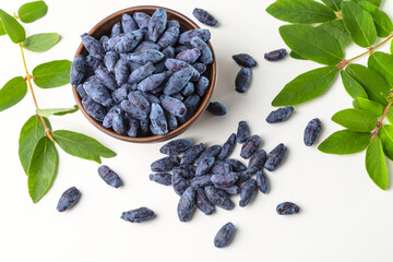 Honeyberry (Lonicera caerulea). Sweet honeysuckle berries in a clay bowl and fresh leaves on a white background