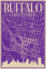 Purple hand-drawn framed poster of the downtown BUFFALO, UNITED STATES OF AMERICA with highlighted vintage city skyline and lettering