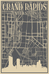 Grey hand-drawn framed poster of the downtown GRAND RAPIDS, UNITED STATES OF AMERICA with highlighted vintage city skyline and lettering