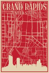 Red hand-drawn framed poster of the downtown GRAND RAPIDS, UNITED STATES OF AMERICA with highlighted vintage city skyline and lettering
