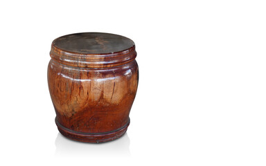 old and dirty brown and black wooden stool on white background, object, furniture, decor, vintage, gift, copy space