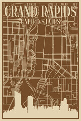 Brown hand-drawn framed poster of the downtown GRAND RAPIDS, UNITED STATES OF AMERICA with highlighted vintage city skyline and lettering