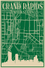 Green hand-drawn framed poster of the downtown GRAND RAPIDS, UNITED STATES OF AMERICA with highlighted vintage city skyline and lettering