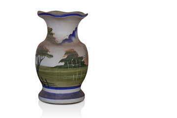 old and dirty white and blue ceramic vase on white background, object, retro, vintage, decor, copy space