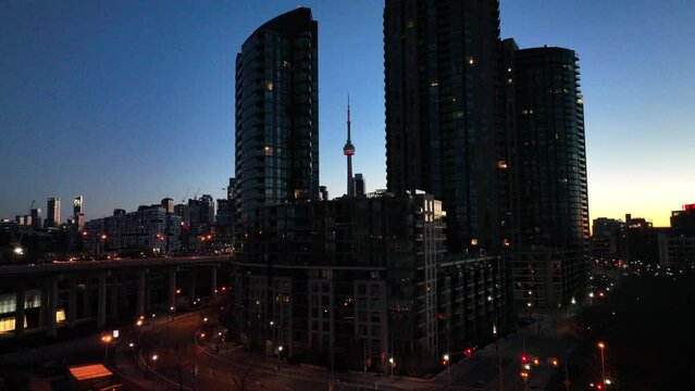 Aerial cinematic exhibition center downtown Toronto sunrise 8