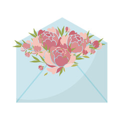 Envelope with a bouquet of pink delicate peonies in an envelope. Vector illustration