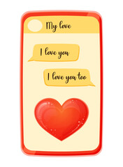 Red phone with chat messages. Love text with heart. Relationships communication. Valentines day. Vector illustration for design isolated on white background.