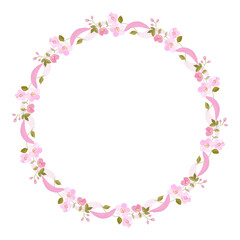 floral wreath with pink flowers, twigs and ribbons