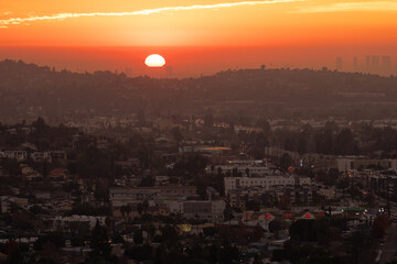 Dramatic sunset in Los Angeles with Glendale in the distance