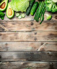 Green food. variety of organic fruits and vegetables.