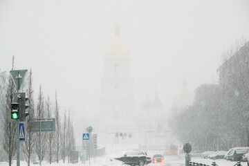 Kyiv - Ukraine, Saint's Mitchael's cathedral in heavy snow 