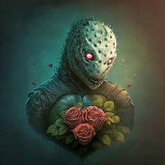 Creature holding a heart and flowers, Valentine, generative art 