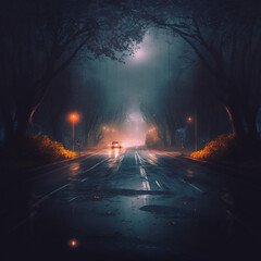 An ultra realistic empty illuminated cyberpunk country asphalt road through the trees and village in a fog on a rainy autumn,Generative IA
