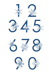 Set of winter numbers from 0 to 9. Decorative typographic font with author's hexagonal snowflakes. Image for winter holidays decoration.