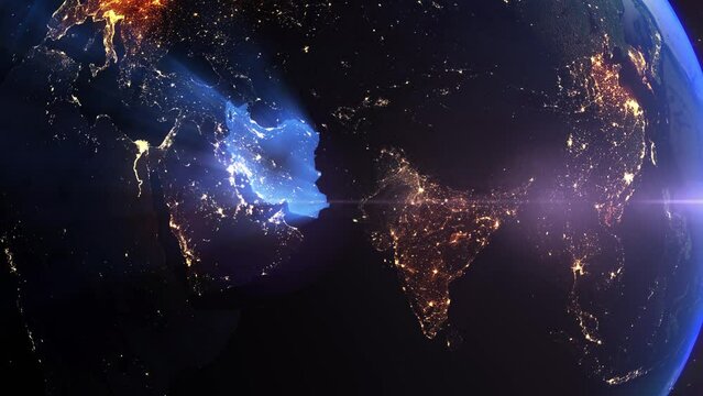 Earth from Space Night Realistic Blue Shining Country Iran