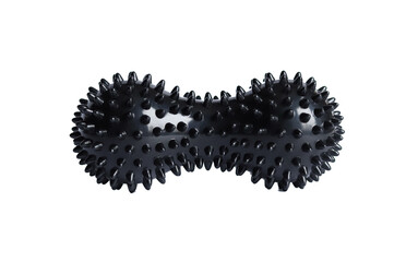 Black double or peanut spikey ball massager for yoga pilates or stretching and fascia pain. Sports equipment for fitness isolated on a white background. Concept of sports massage.