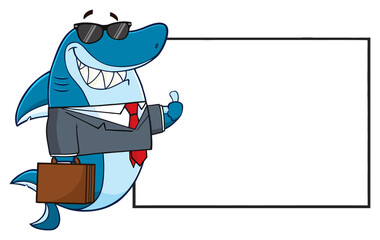 Smiling Business Shark Cartoon Mascot Character In Suit, Carrying A Briefcase And Holding A Thumb Up To Blank Board. Hand Drawn Illustration Isolated On Transparent Background