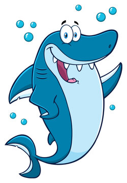 Happy Blue Shark Cartoon Mascot Character Waving For Greeting. Hand Drawn Illustration Isolated On Transparent Background